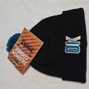OK Black Heather Stocking Beanie Hat with Blue Pom New